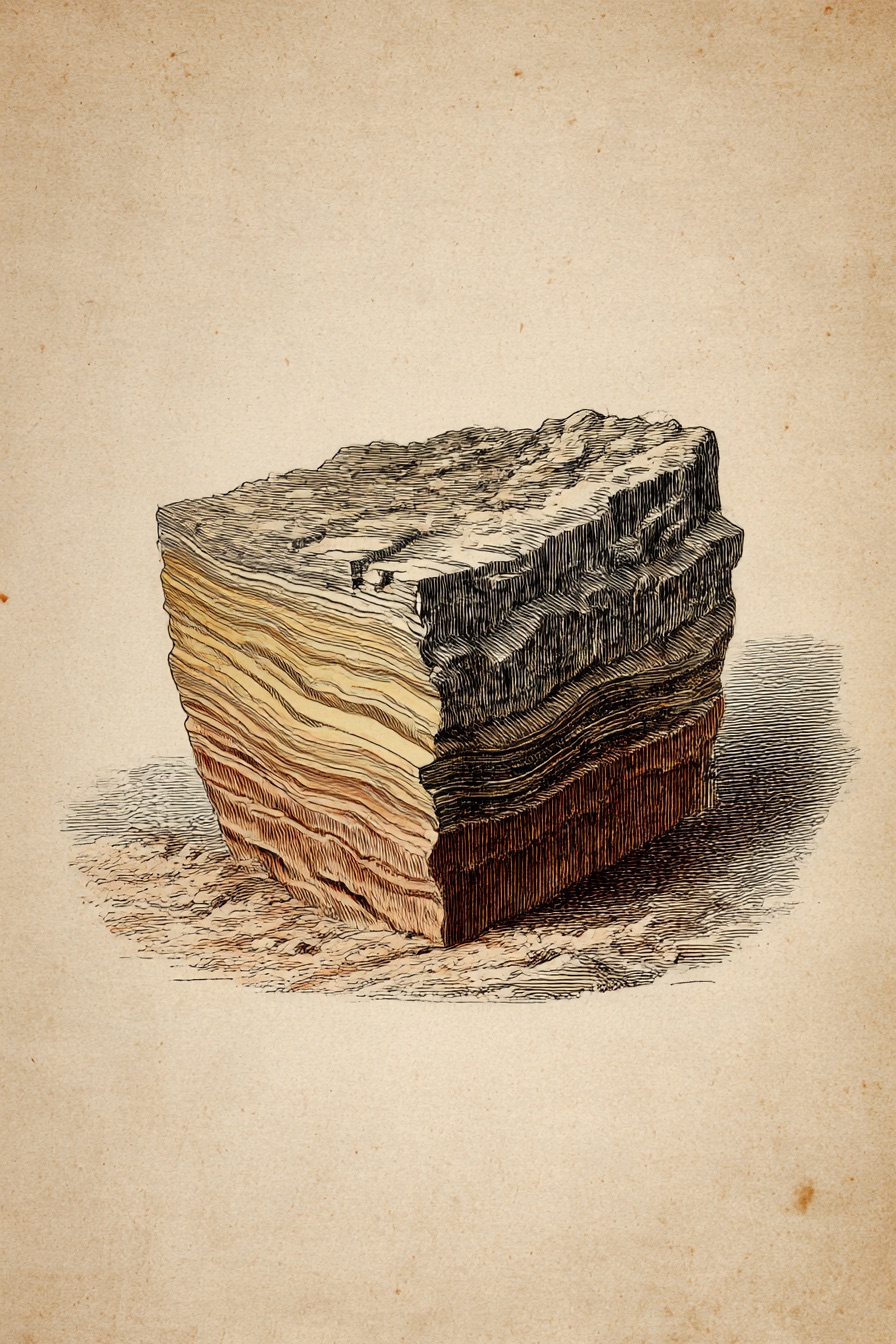 A botanical-illustration soil block showing stratified layers and roots, in warm archival tones.