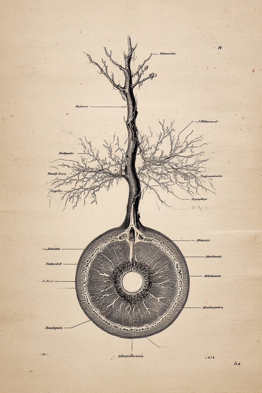 A scientific plate of a mycorrhizal association between fungal threads and plant roots, archive register.