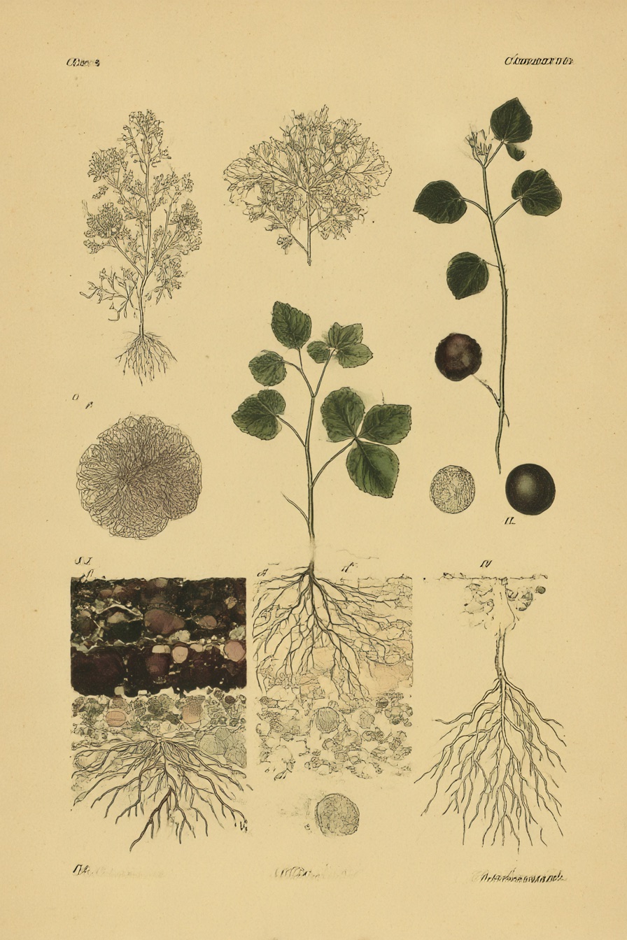 A period botanical cross-section of soil and root structure in warm archival tones.