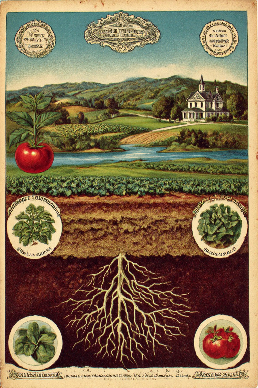 A chromolithograph-style farm field landscape in saturated harvest tones.